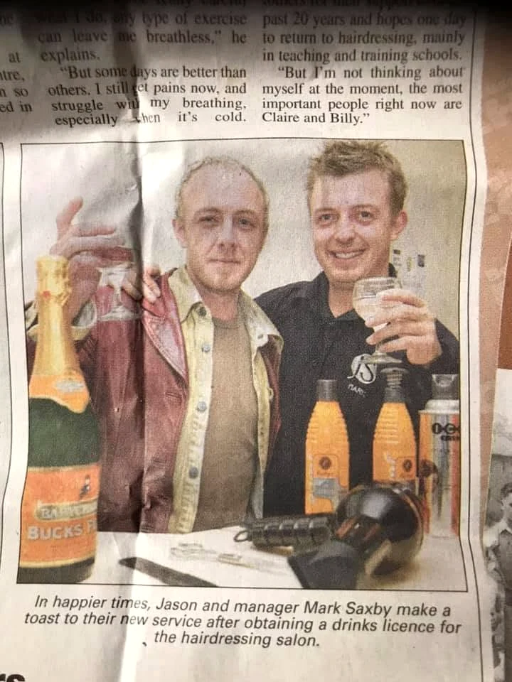 Archive newspaper photograph of Jason Scott with salon manager Mark Saxby