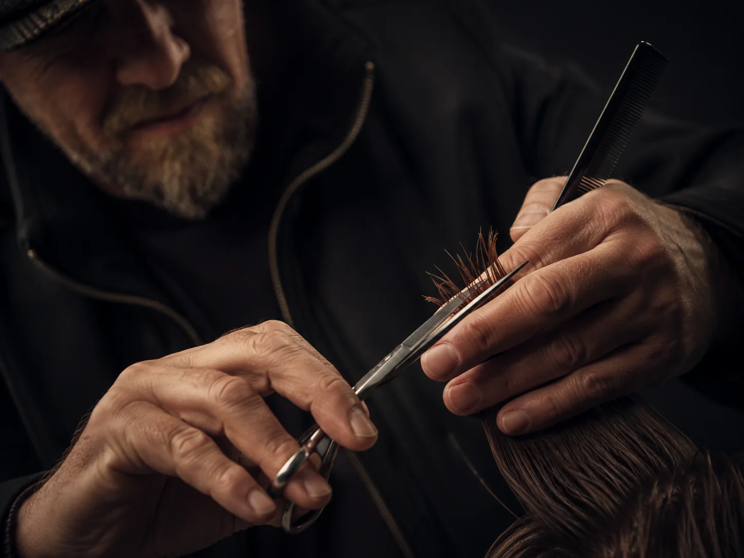 Close-up of precision hair cutting with scissors