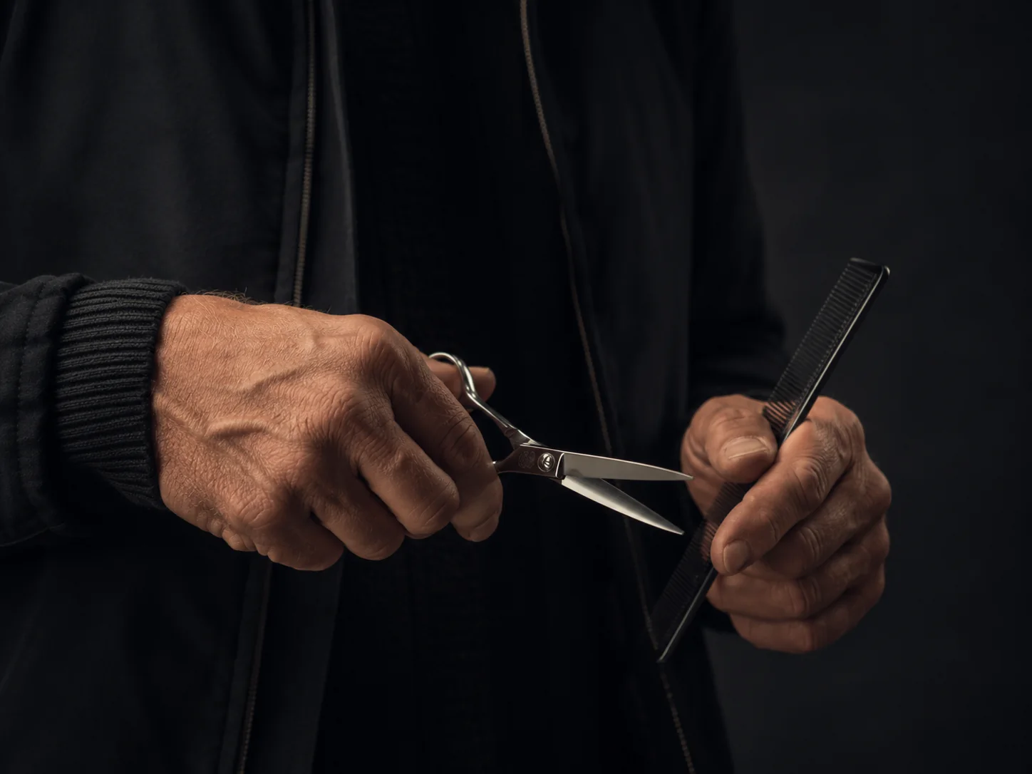 Close-up of hairdressing scissors and comb in hand