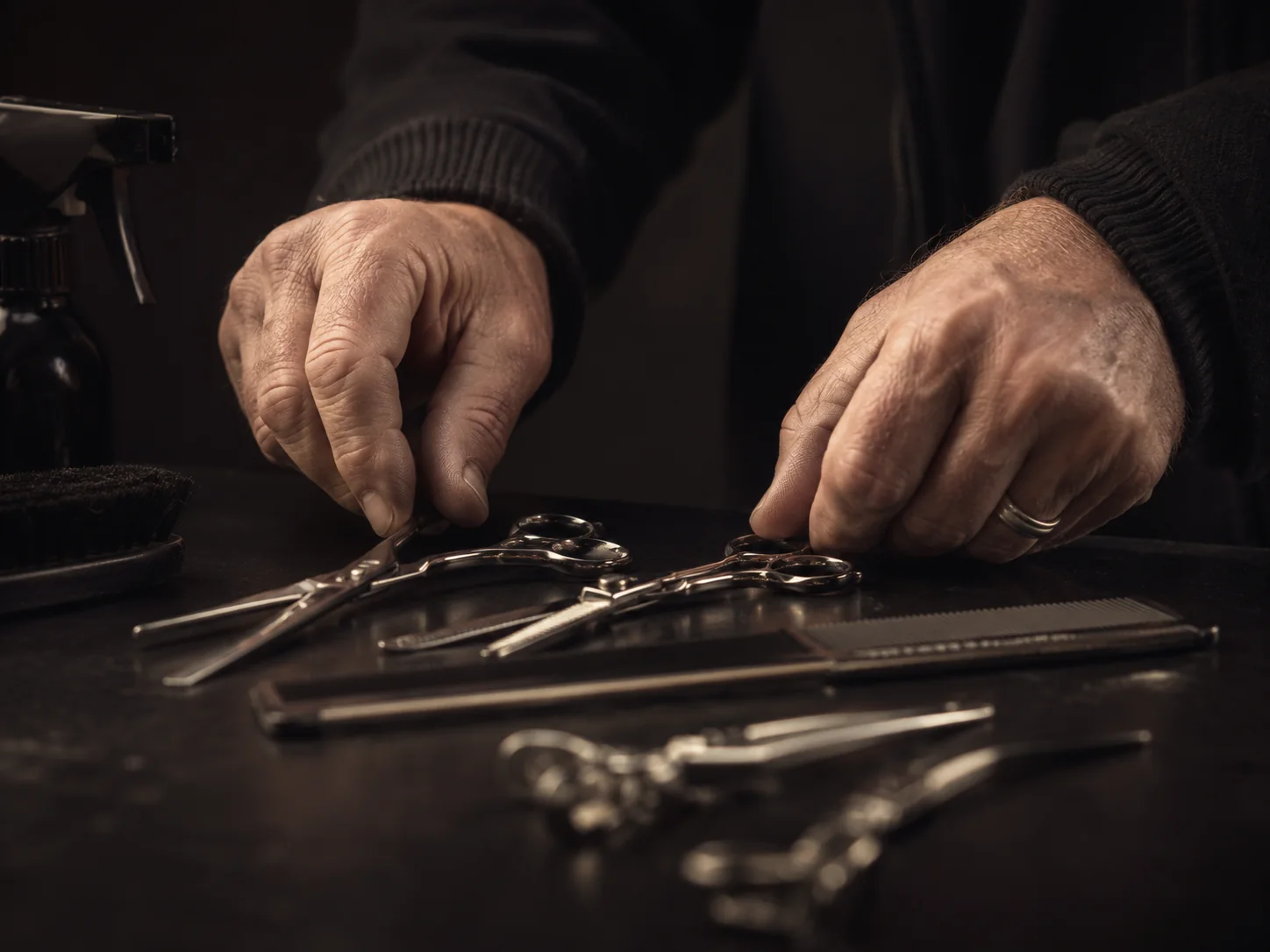 Professional hairdressing scissors and tools prepared for an appointment
